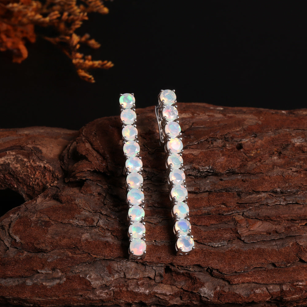 ‘Cora’ Round Opal Linear Bar Earrings – on driftwood
