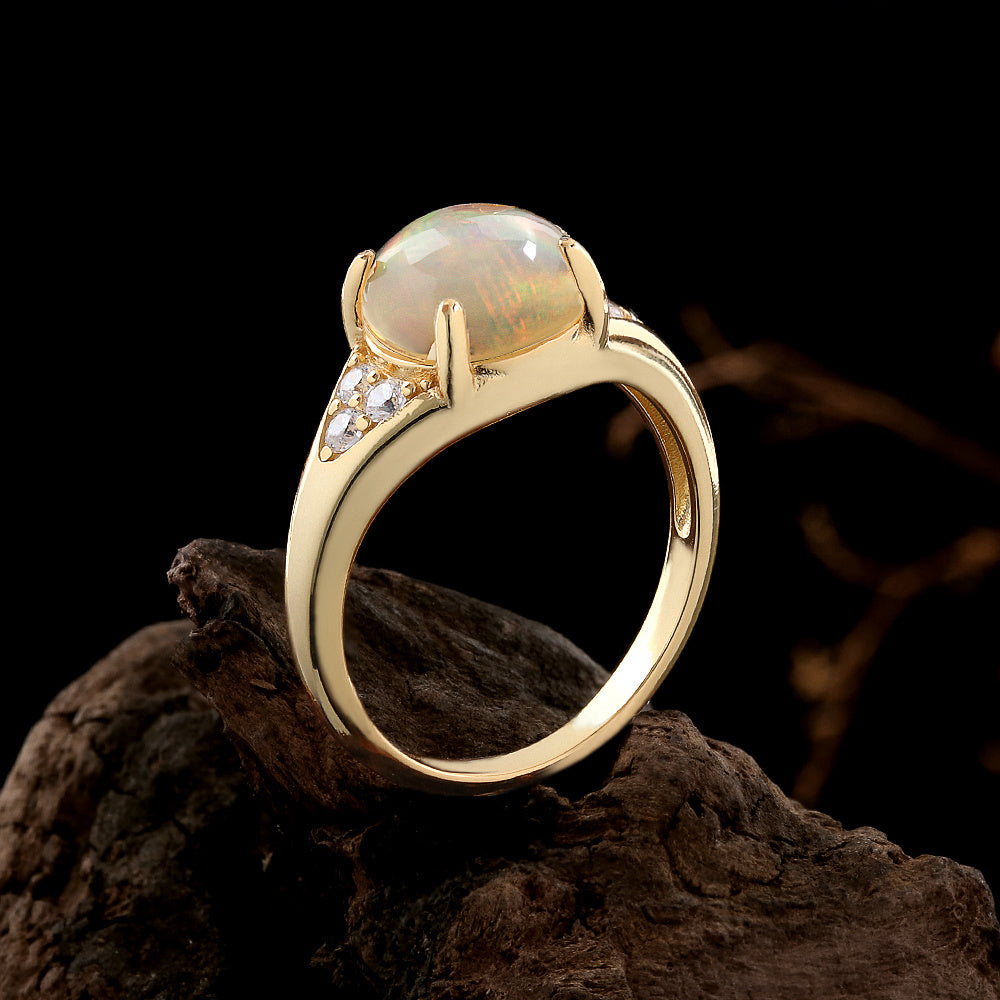 ‘Halley’ Round Opal Pave Shoulder Ring – on wood