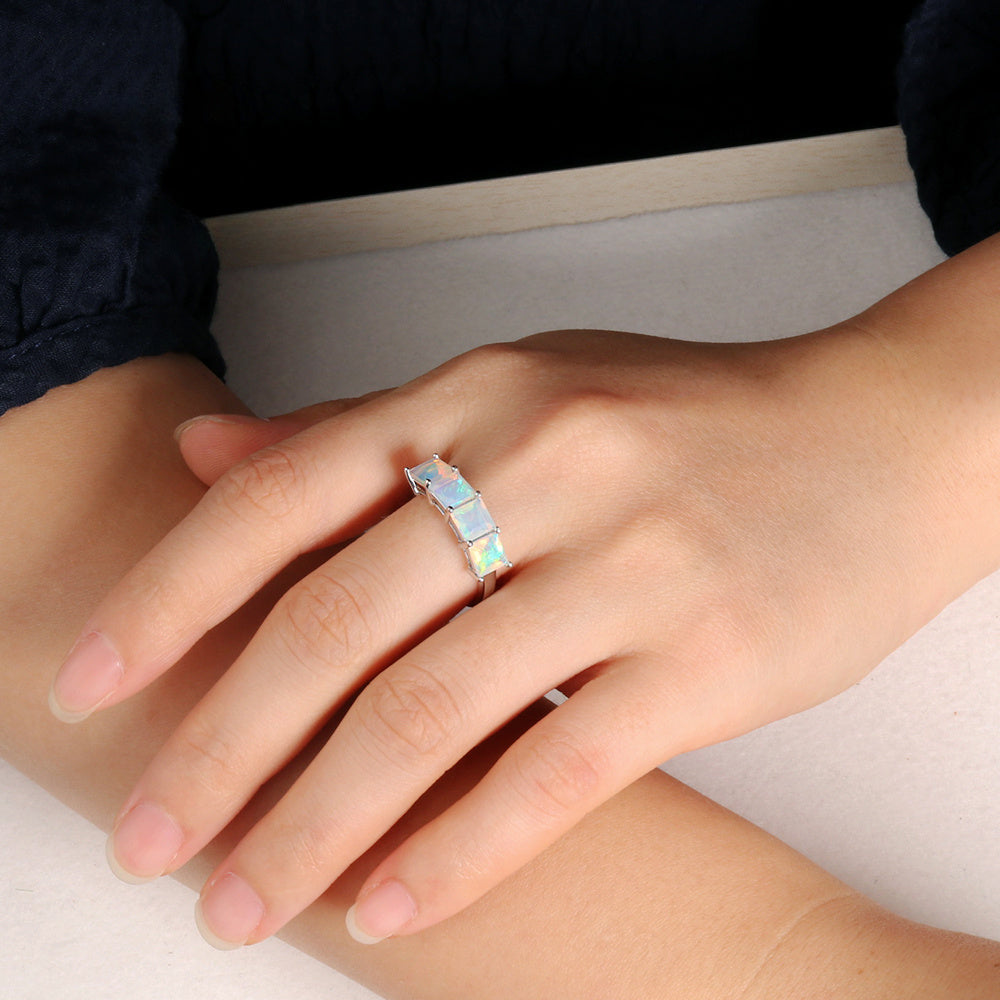 ‘Aubrey’ Square Opal Three Stone Set – ring on hand