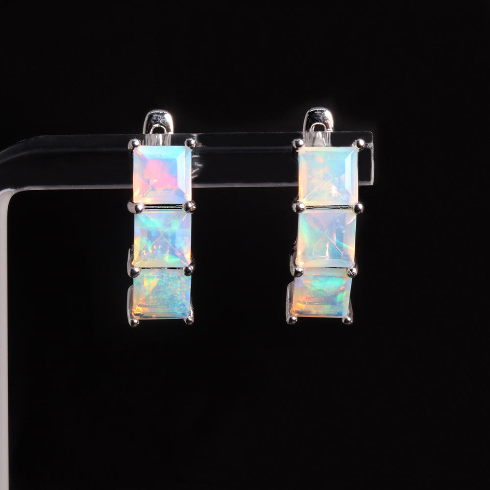 ‘Aubrey’ Square Opal Three Stone Set – earrings on display stand