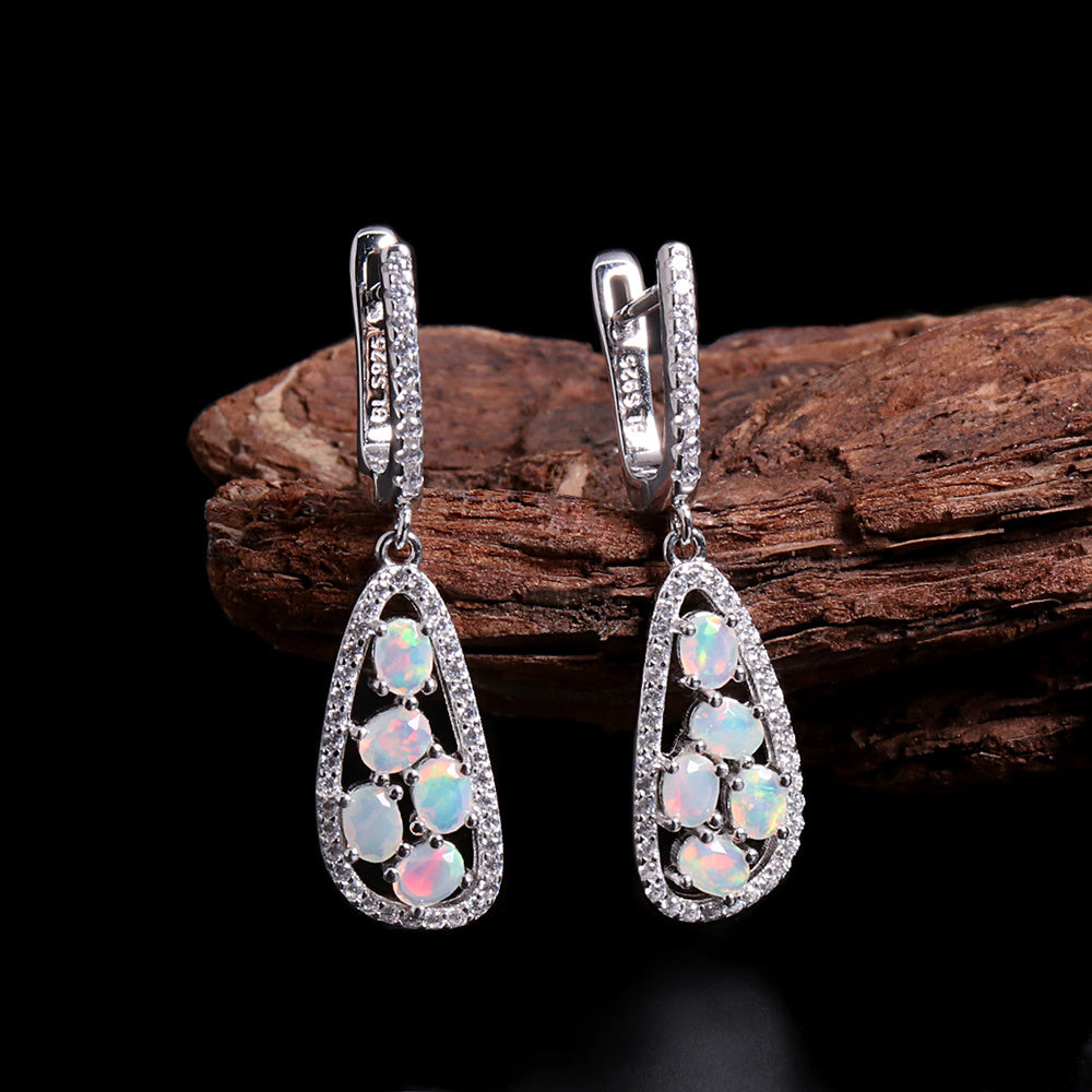 ‘Whitley’ Teardrop Opal Cluster Drop Earrings – on wood
