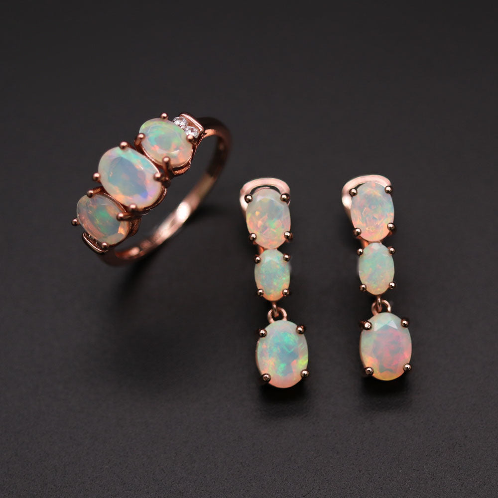 ‘Lotus’ Three Opal Ring Earring Set