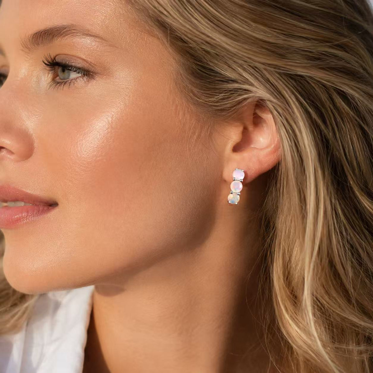 ‘Dottie’ Three Round Opal Huggie Earrings – on ear