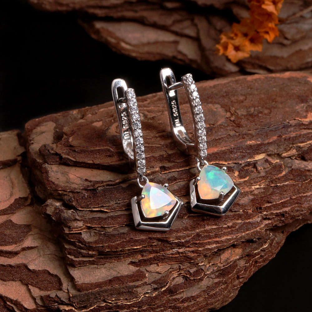 ‘Sedona’ Trillion Opal Geometric Drop Earrings – on wood