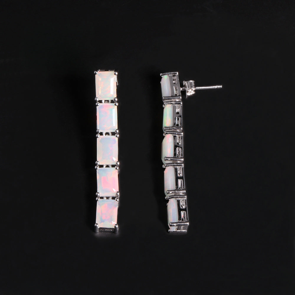 ‘Savannah’ Baguette Opal Line Drop Earrings – white side view