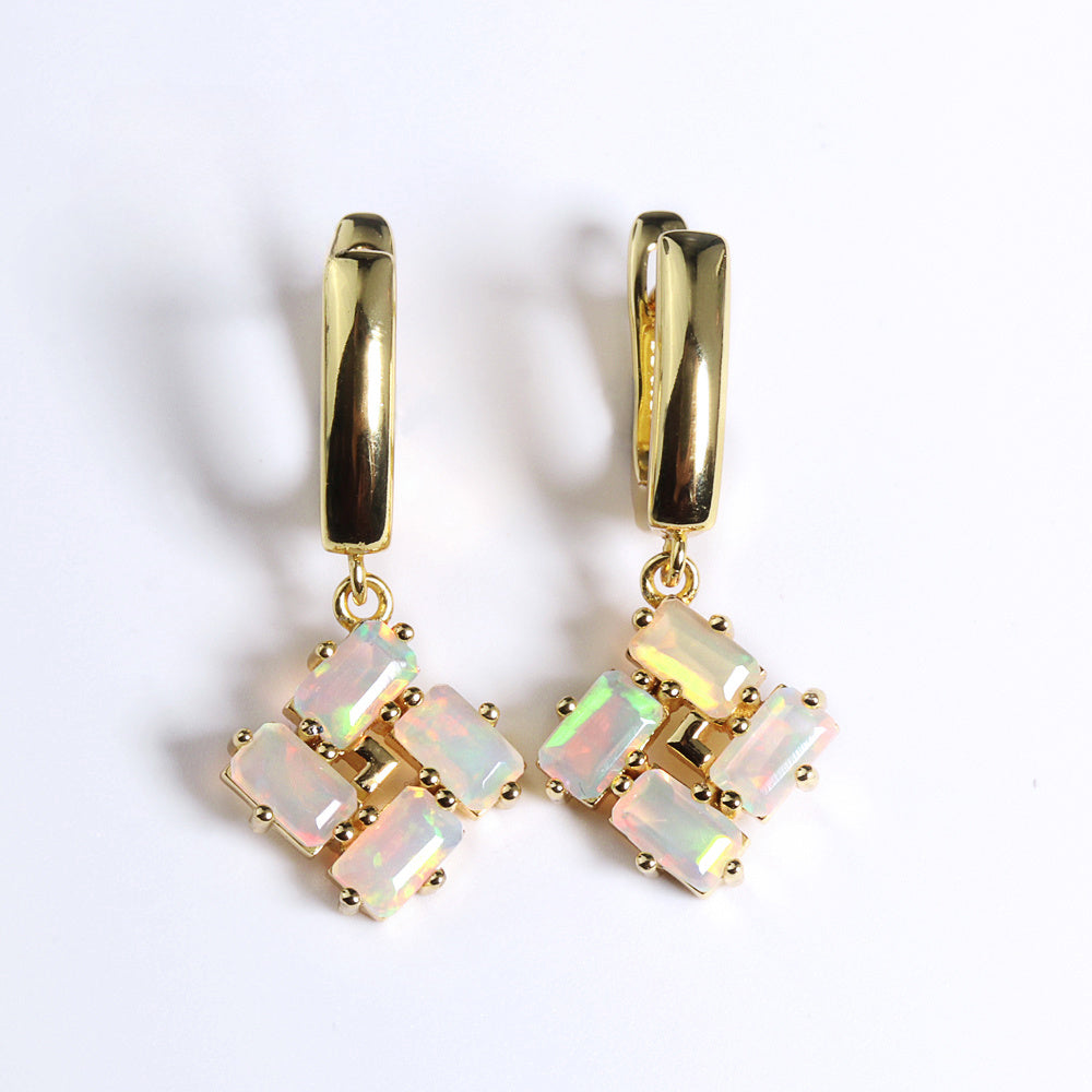 ‘Phoenix’ Baguette Opal Pinwheel Drop Earrings – yellow gold tone