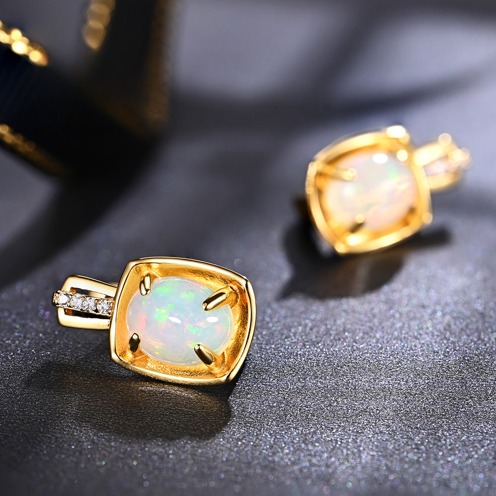 ‘Auburn’ Cushion Opal Bezel Clip Earrings – angle view