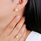 ‘Auburn’ Cushion Opal Bezel Clip Earrings – on ear