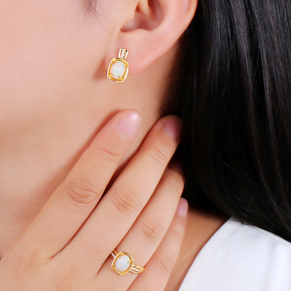 ‘Auburn’ Cushion Opal Bezel Clip Earrings – on ear