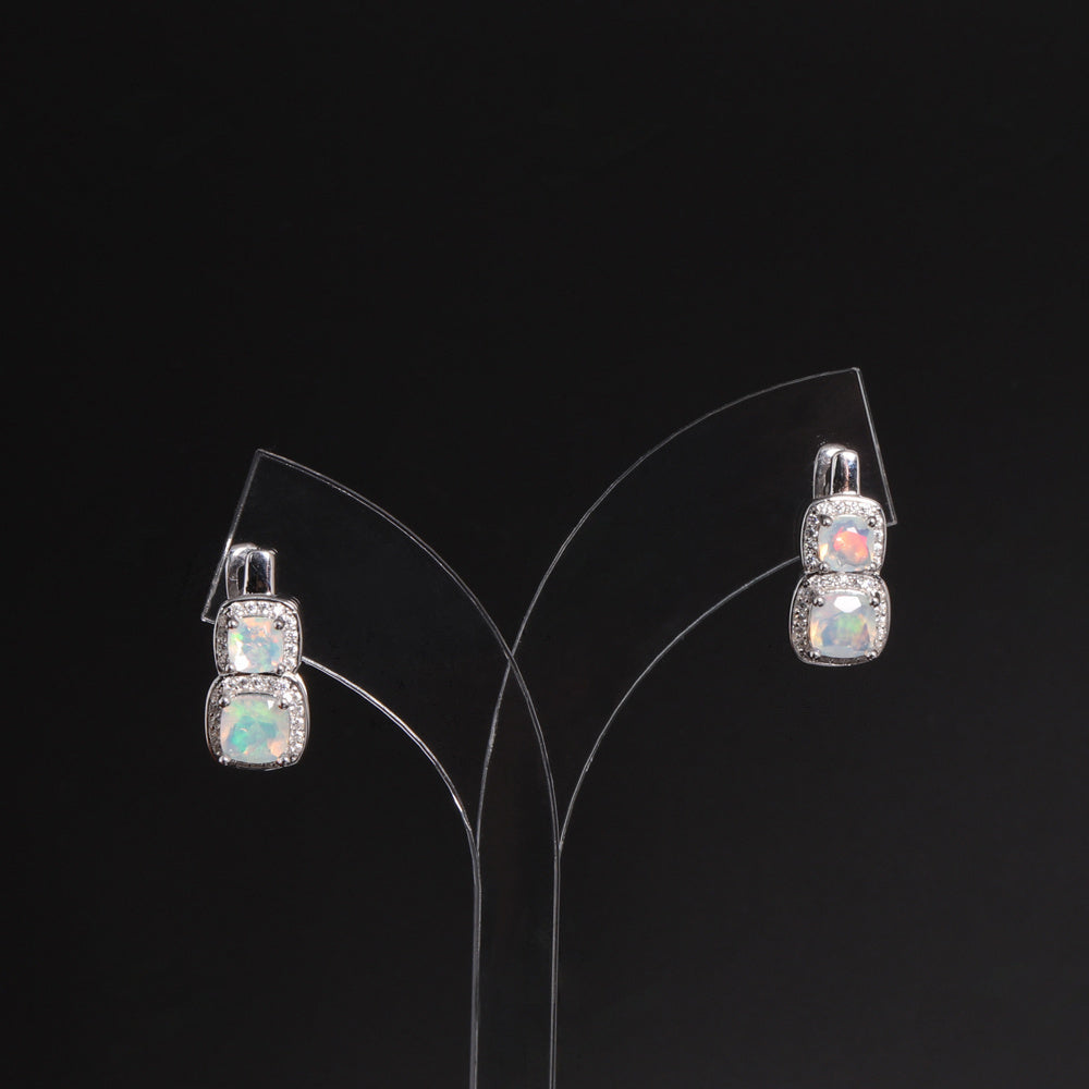 ‘Hadley’ Cushion Opal Double Halo Earrings – on display stand