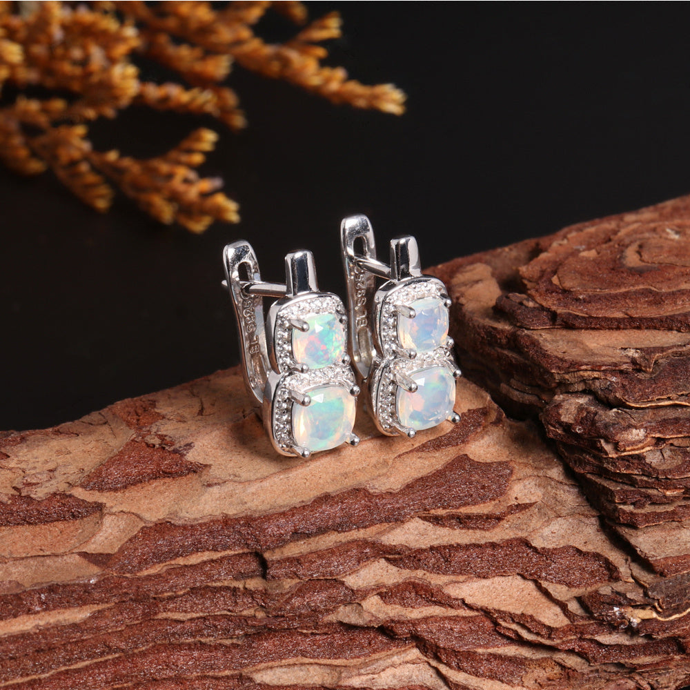 ‘Hadley’ Cushion Opal Double Halo Earrings – on wood