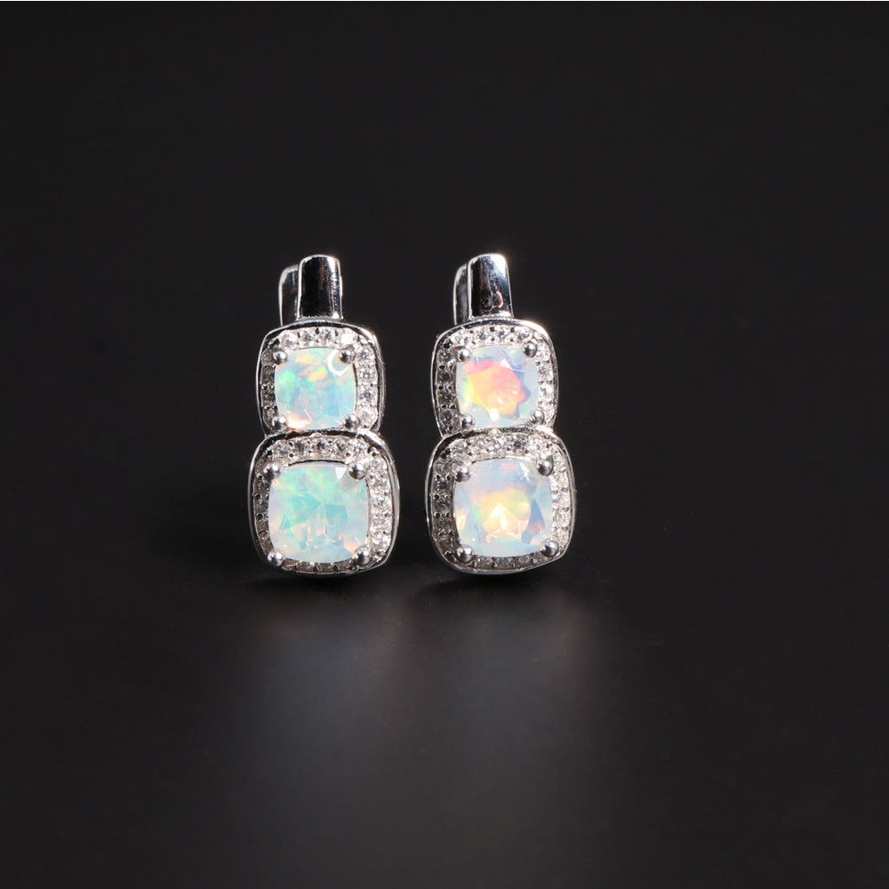 ‘Hadley’ Cushion Opal Double Halo Earrings – pair front plain