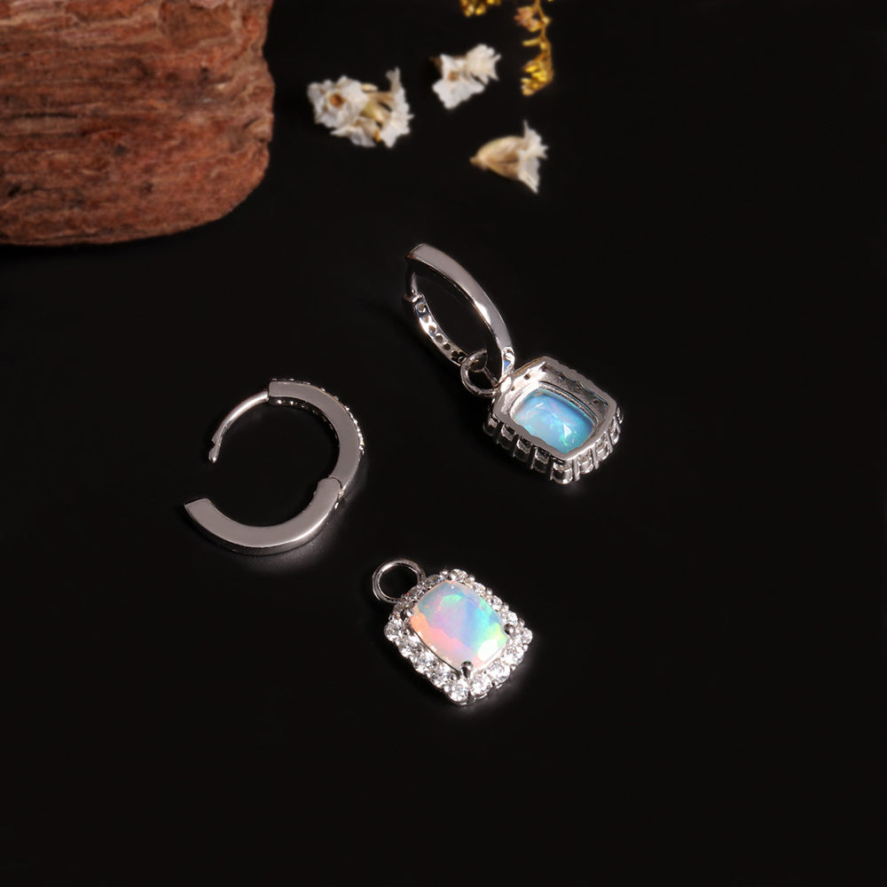 ‘Louise’ Cushion Opal Halo Hoop Earrings – detachable parts