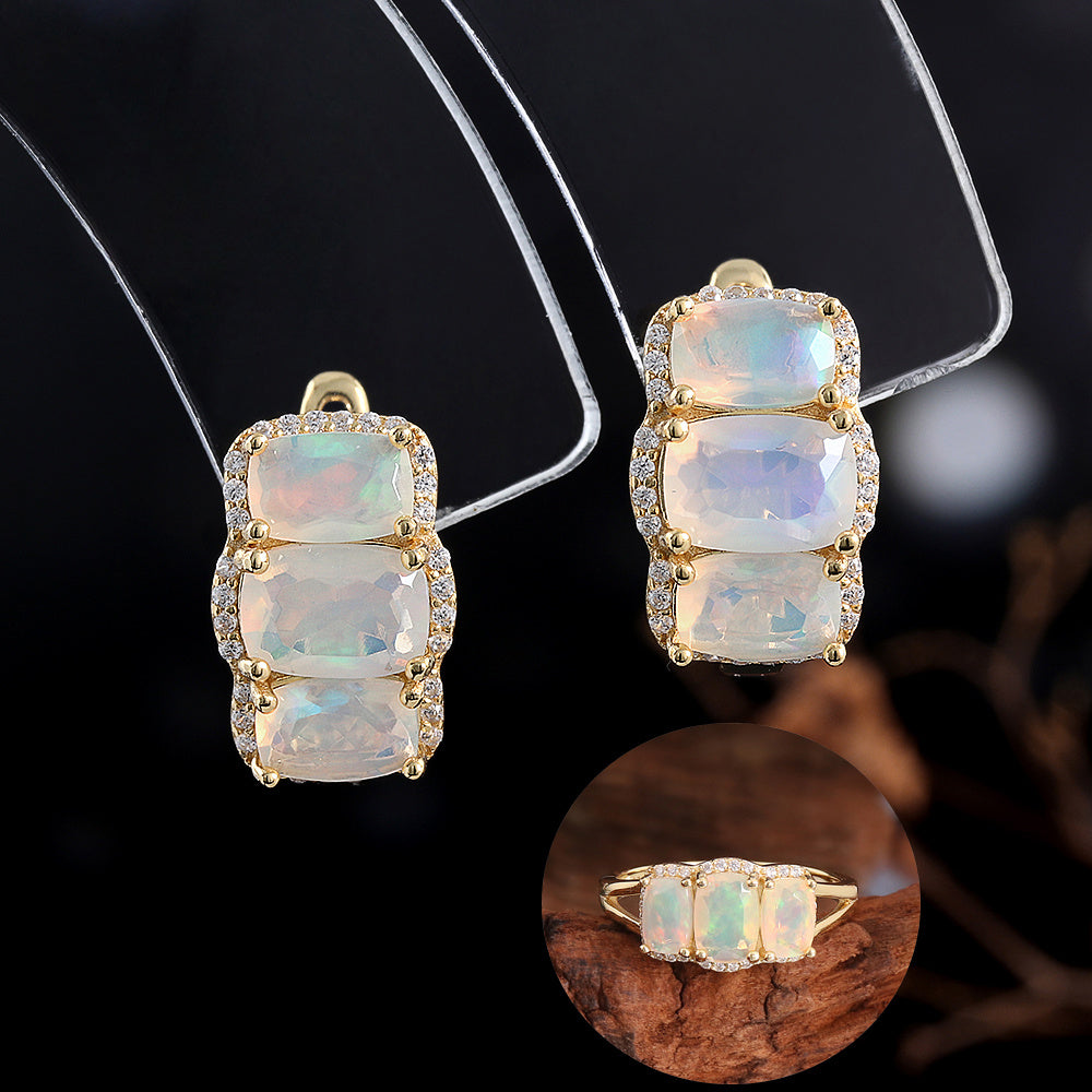 ‘Lottie’ Cushion Opal Three Stone Set – earrings ring inset