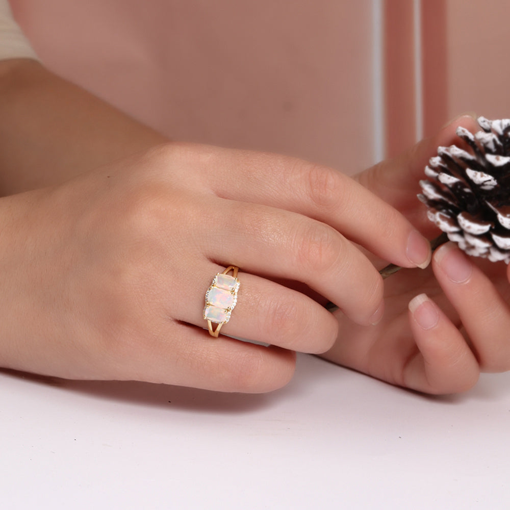 ‘Lottie’ Cushion Opal Three Stone Set – ring on hand