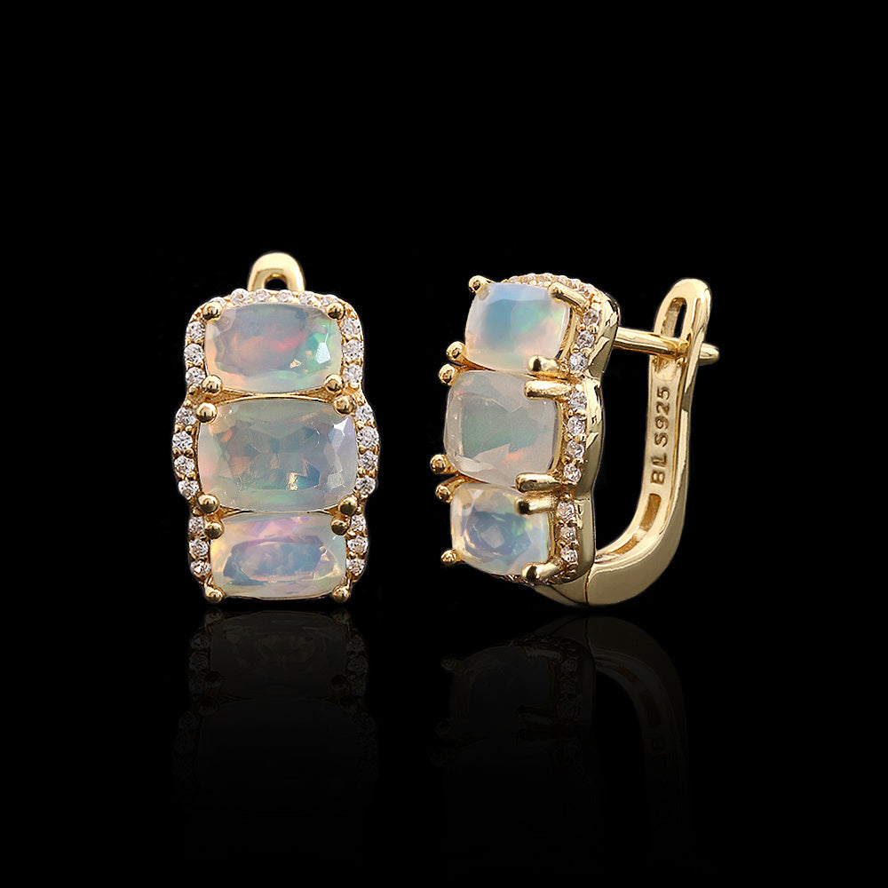 ‘Lottie’ Cushion Opal Three Stone Set – earrings front