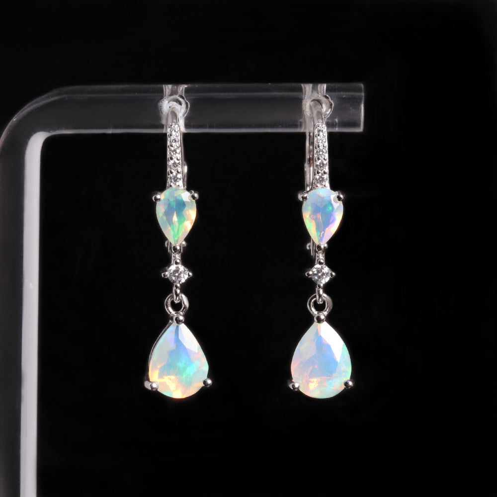 ‘Nevada’ Double Pear Opal Drop Earrings – on display stand