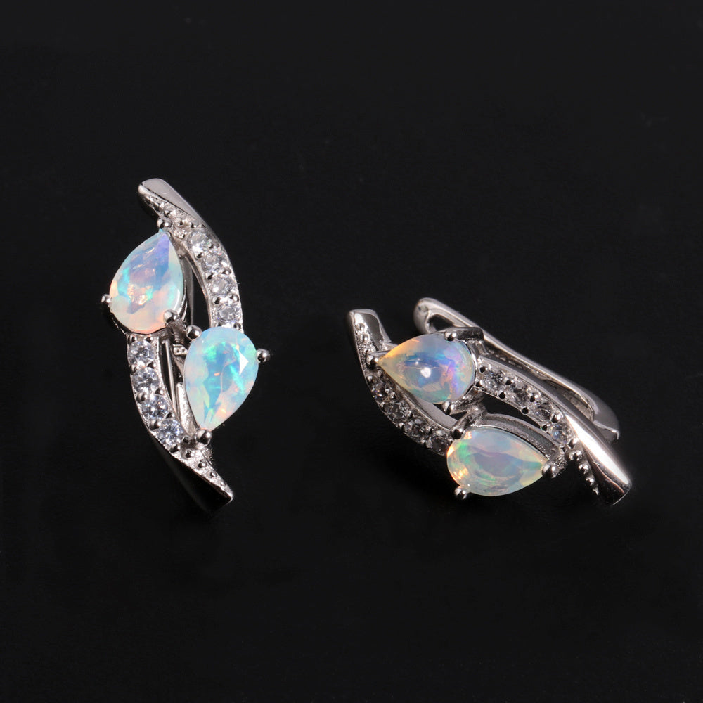 ‘Laguna’ Double Pear Opal Sweep Earrings – front and back