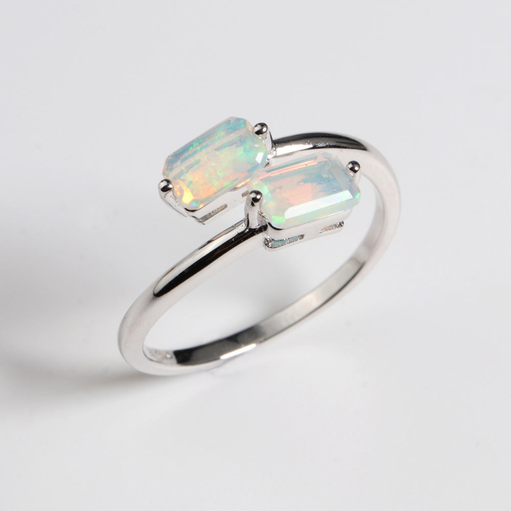 ‘Laramie’ Double Rectangle Opal Open Ring – white bg silver