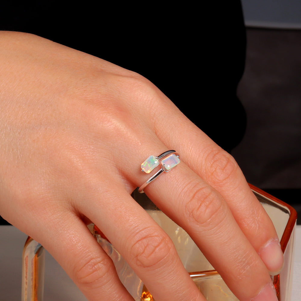 ‘Laramie’ Double Rectangle Opal Open Ring – on hand silver