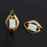 ‘Cecily’ Emerald Cut Opal Rhombus Earrings – yellow front back