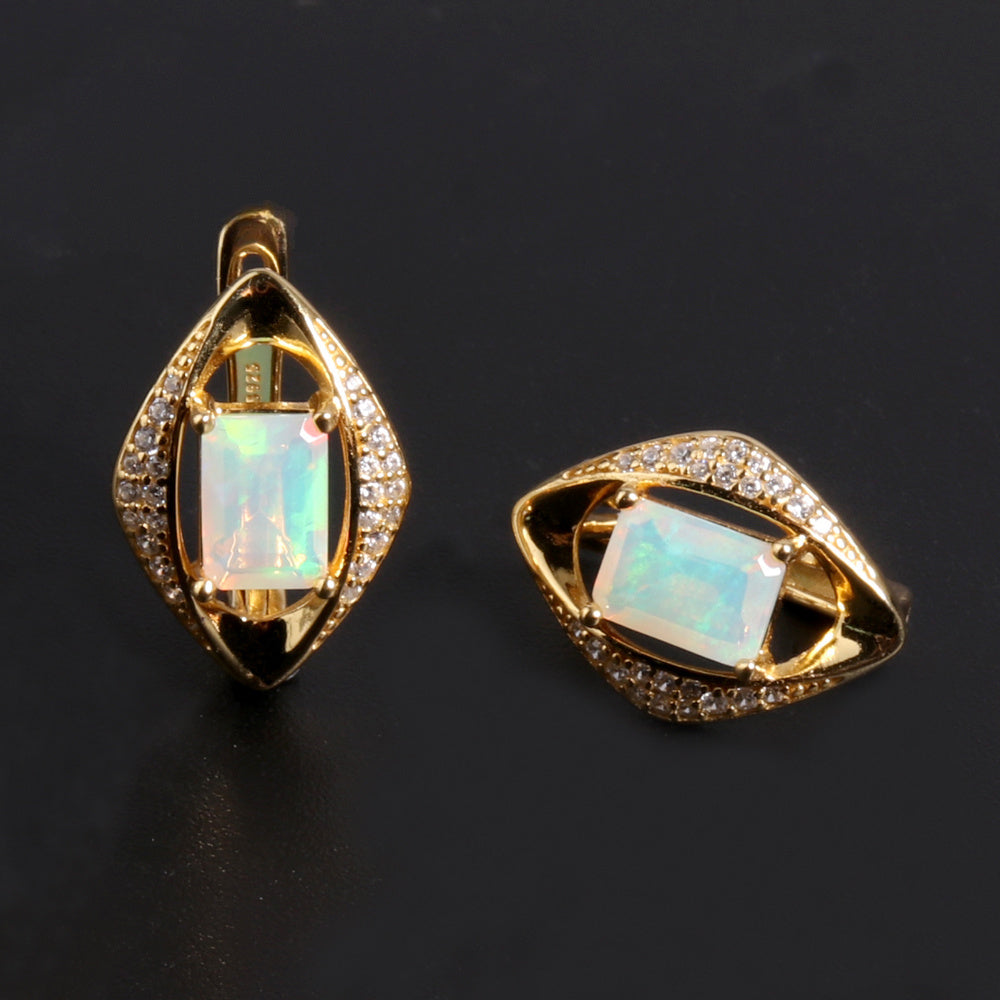 ‘Cecily’ Emerald Cut Opal Rhombus Earrings – yellow front back