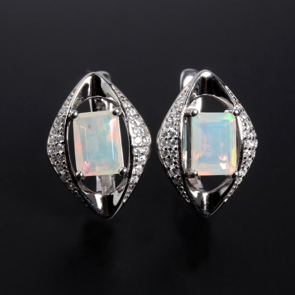 ‘Cecily’ Emerald Cut Opal Rhombus Earrings – white front