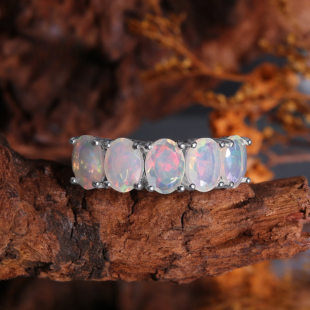 ‘Kinley’ Five Oval Opal Band Ring – on driftwood
