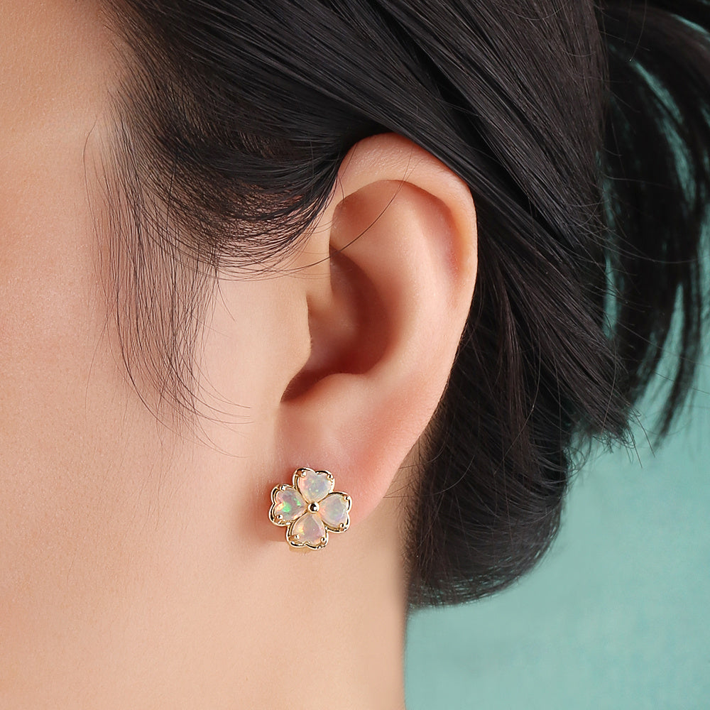 ‘Penny’ Four Leaf Clover Opal Earrings – on ear