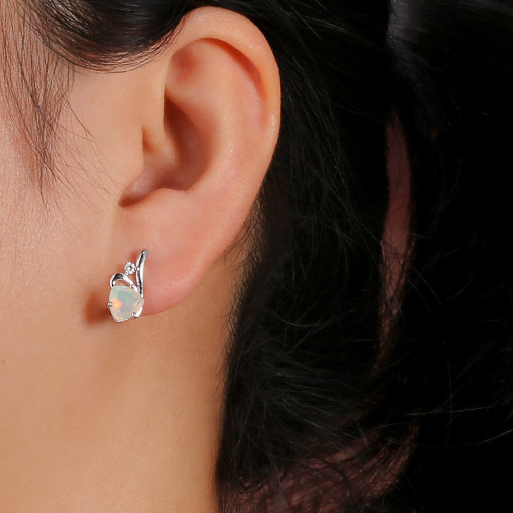 ‘Loveday’ Heart Cut Opal Drop Earrings – on ear