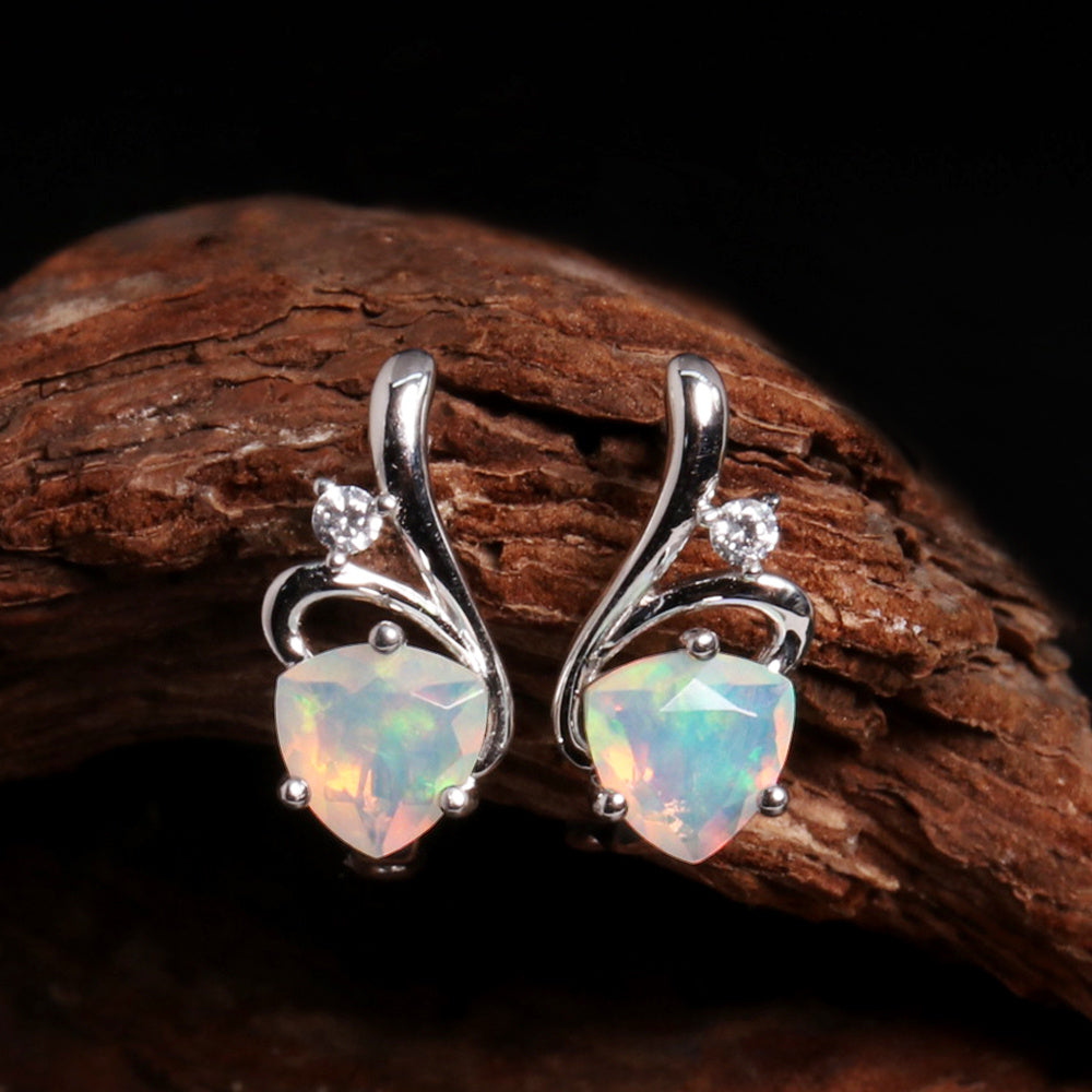 ‘Loveday’ Heart Cut Opal Drop Earrings – on wood