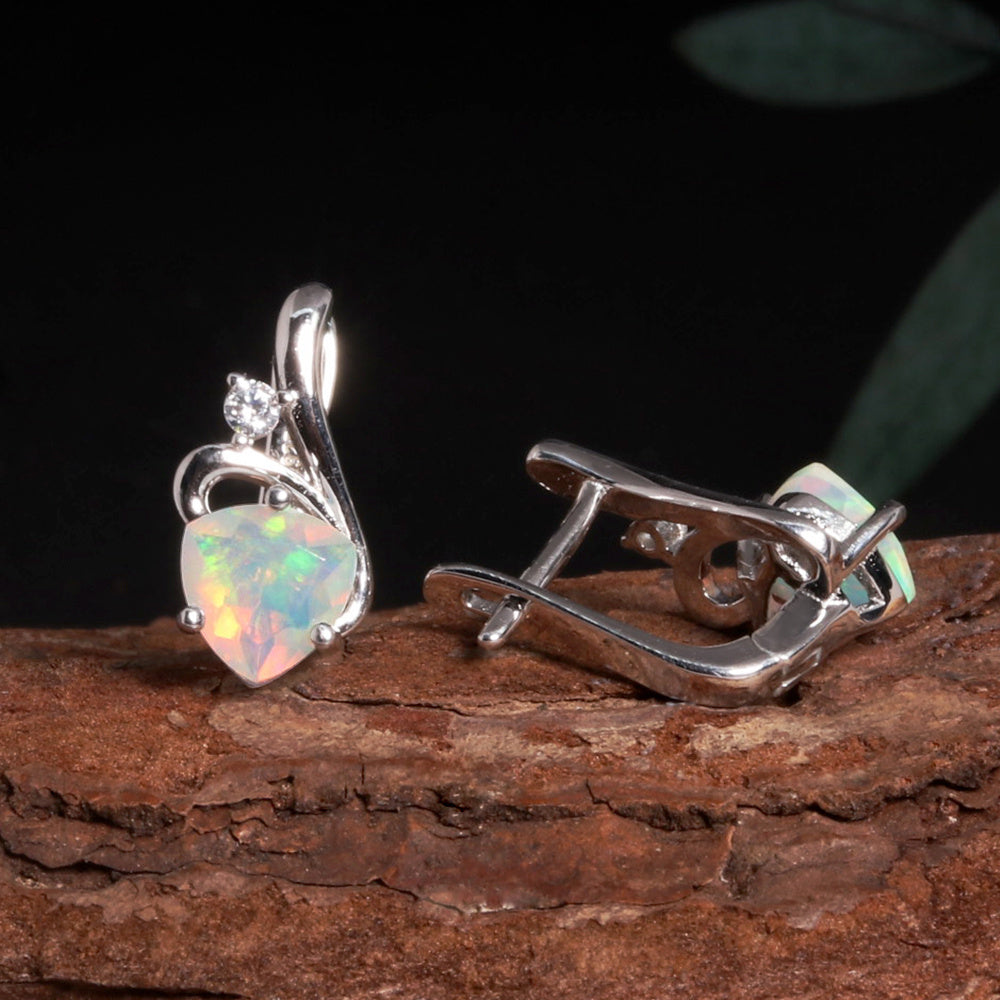 ‘Loveday’ Heart Cut Opal Drop Earrings – back on wood
