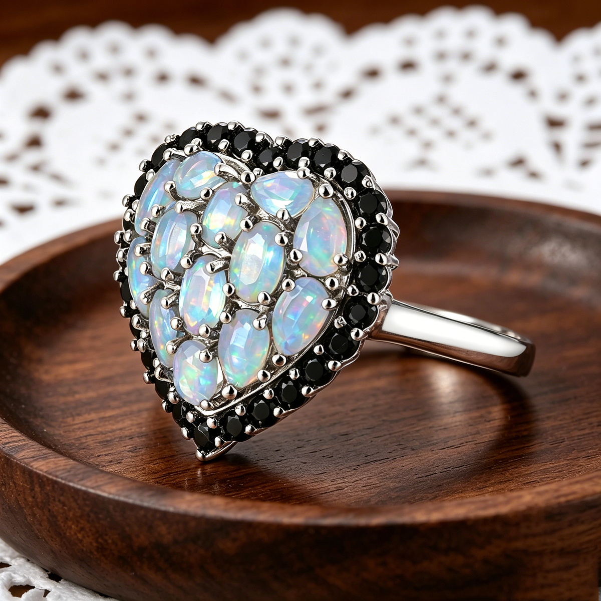 ‘Darling’ Heart Opal Cluster Halo Ring – angled on tray