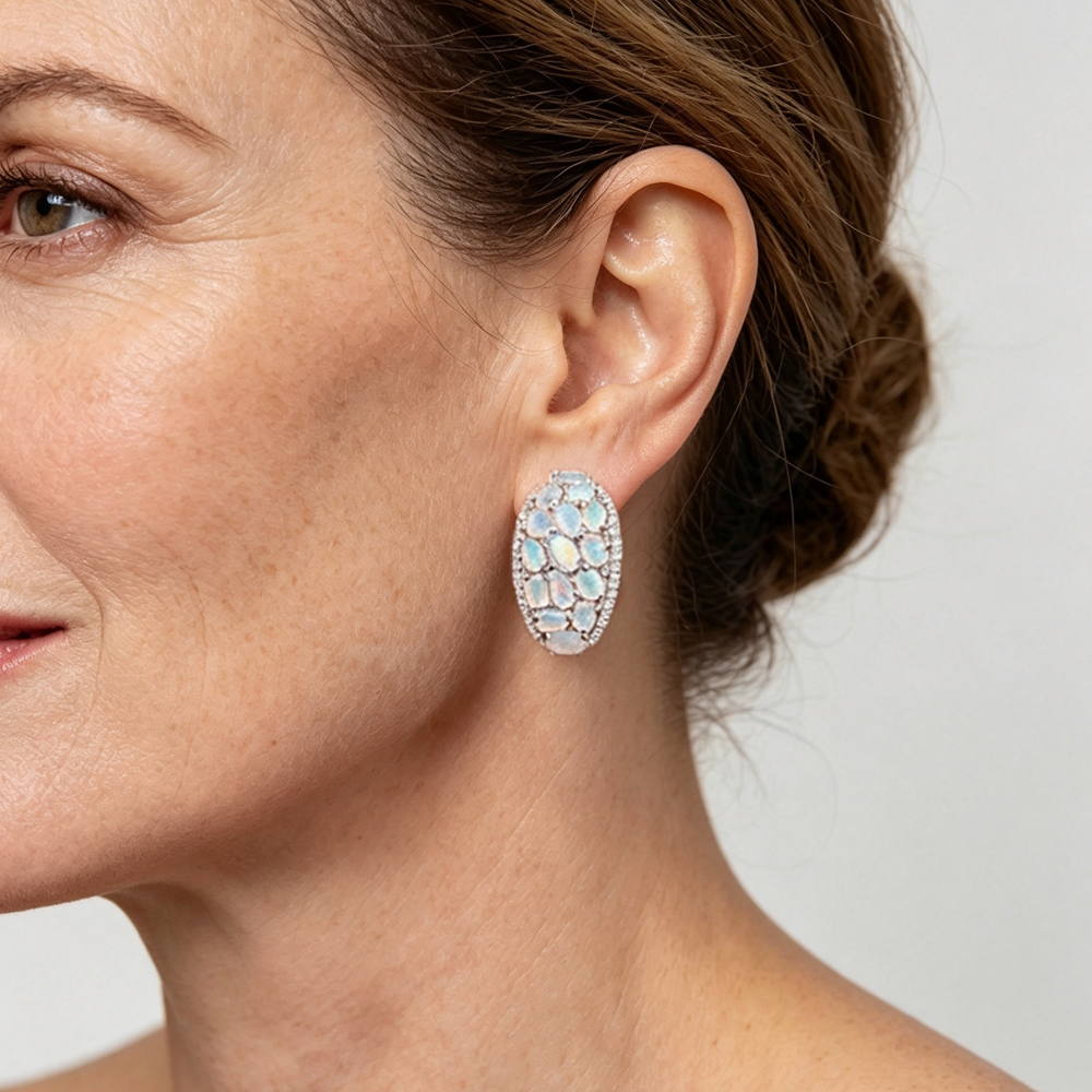 ‘Coralie’ Large Opal Cluster Dome Earrings – on ear