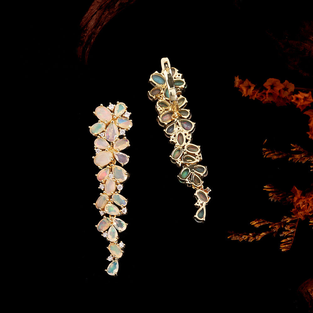 ‘Poppy’ Long Pear Opal Cluster Earrings – front and back
