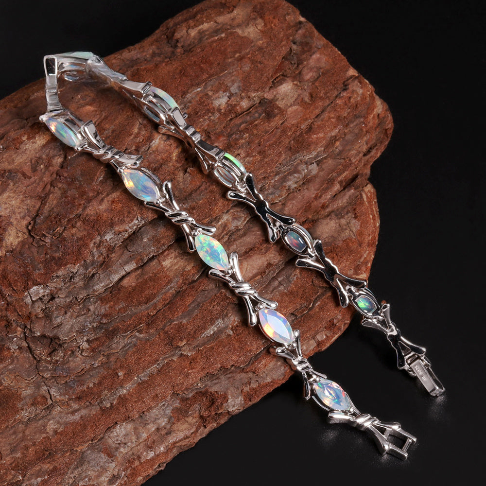 ‘Melrose’ Marquise Opal Cross Link Bracelet – on wood silver