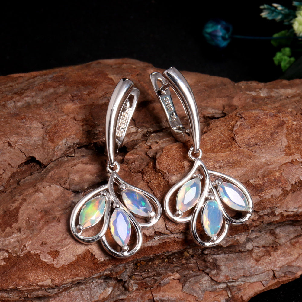 ‘Laurel’ Marquise Opal Leaf Drop Earrings – front and back