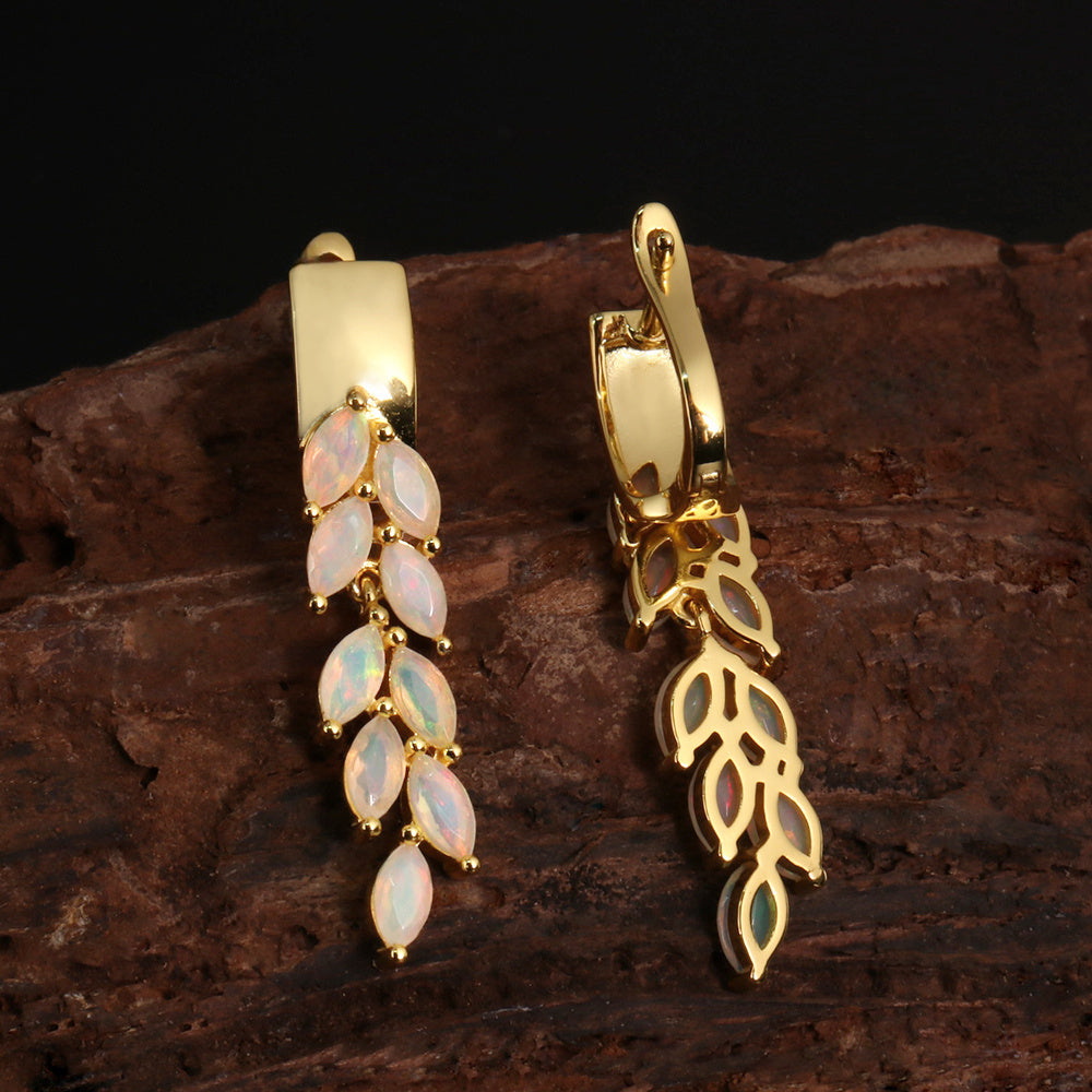 ‘Maple’ Marquise Opal Leaf Drop Earrings – front and back