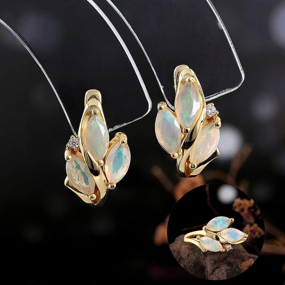 ‘Bea’ Marquise Opal Leaf Ring Earrings – earrings on stand