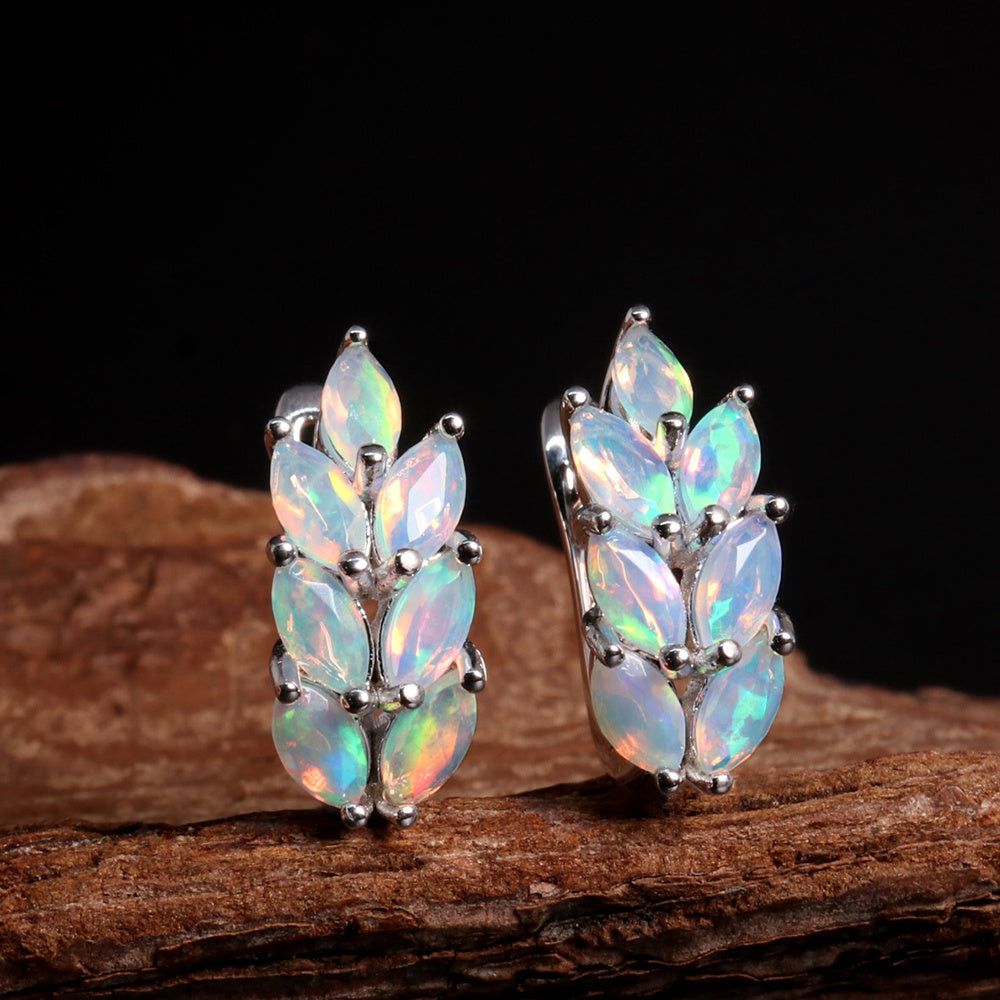 ‘Tawny’ Marquise Opal Wheat Huggie Earrings – on wood