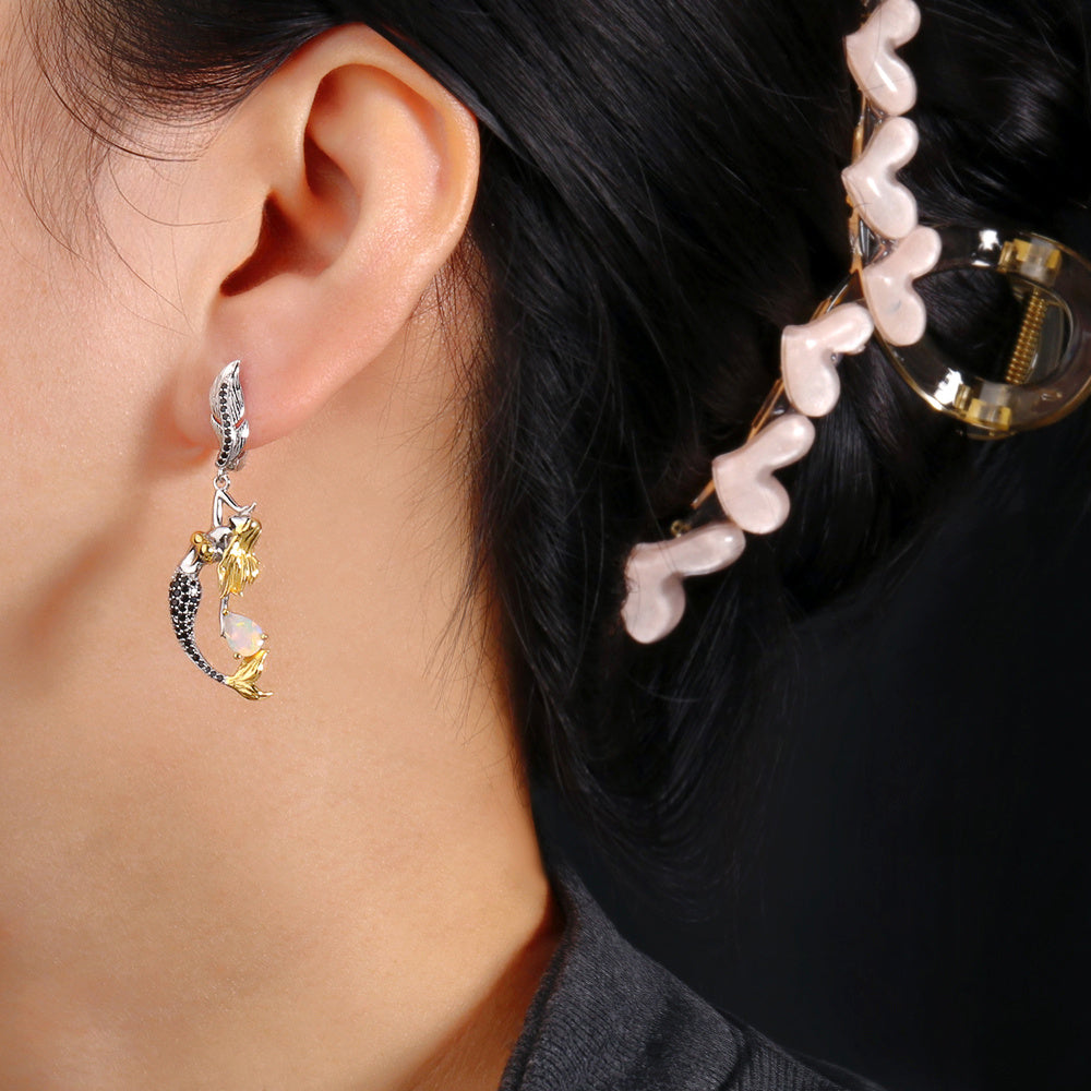 ‘Tamsin’ Mermaid Pear Opal Drop Earrings – on ear