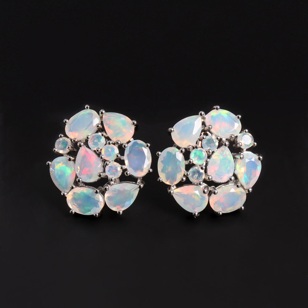 ‘Wren’ Mixed Cut Opal Cluster Earrings – front black