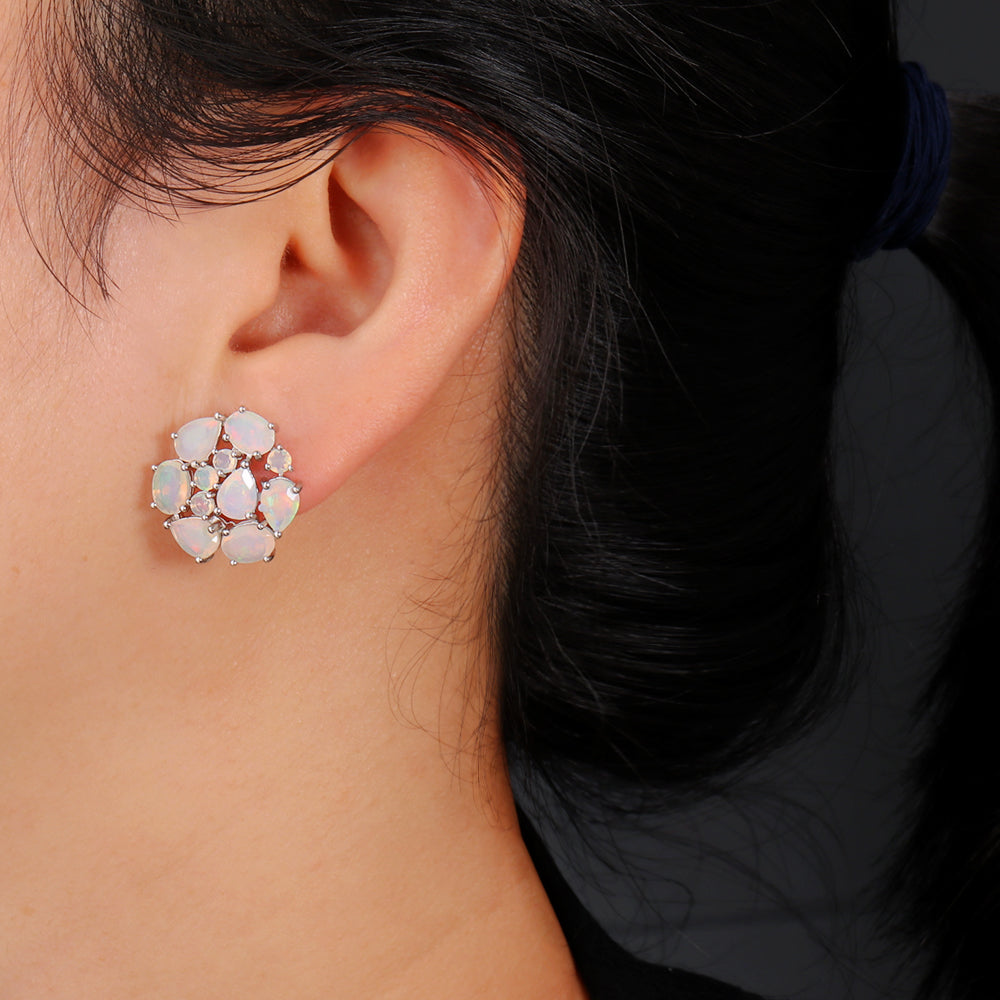 ‘Wren’ Mixed Cut Opal Cluster Earrings – on ear