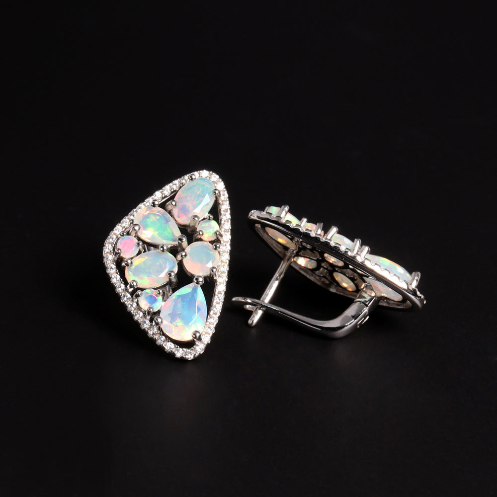 ‘Hartley’ Mixed Opal Cluster Shield Earrings – front and side