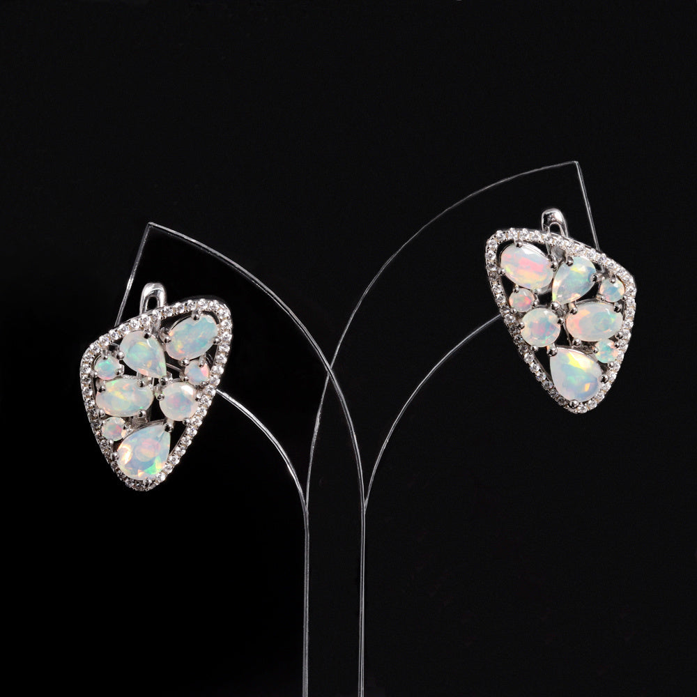‘Hartley’ Mixed Opal Cluster Shield Earrings – on display stand