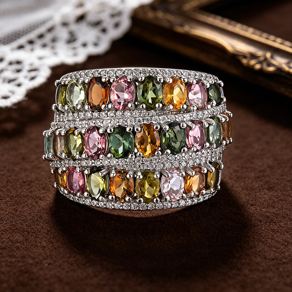 ‘Melody’ Multicolor Tourmaline Wide Band Ring – on velvet front