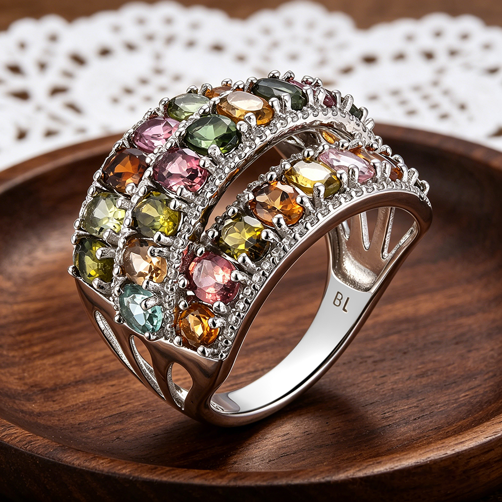 ‘Melody’ Multicolor Tourmaline Wide Band Ring – on wood plate