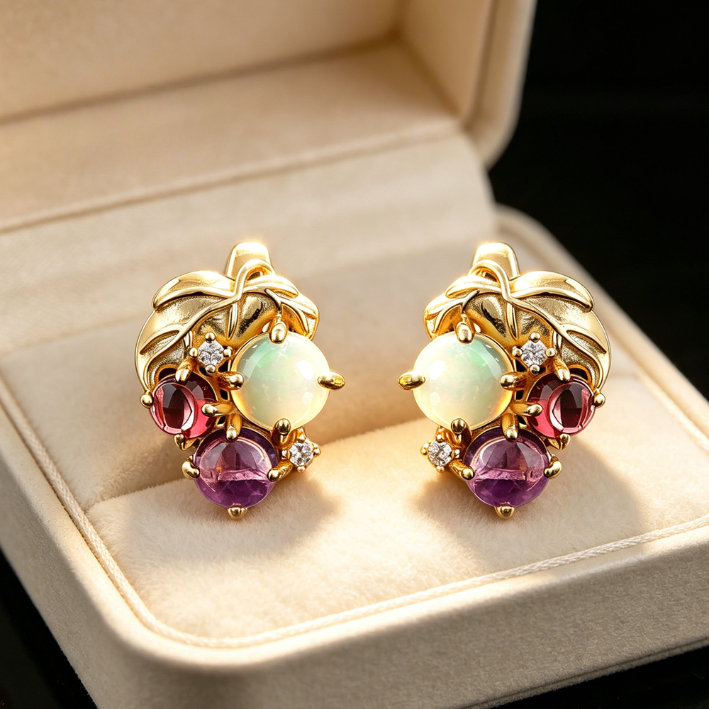 ‘Orchid’ Opal Amethyst Garnet Grape Earrings – in gift box