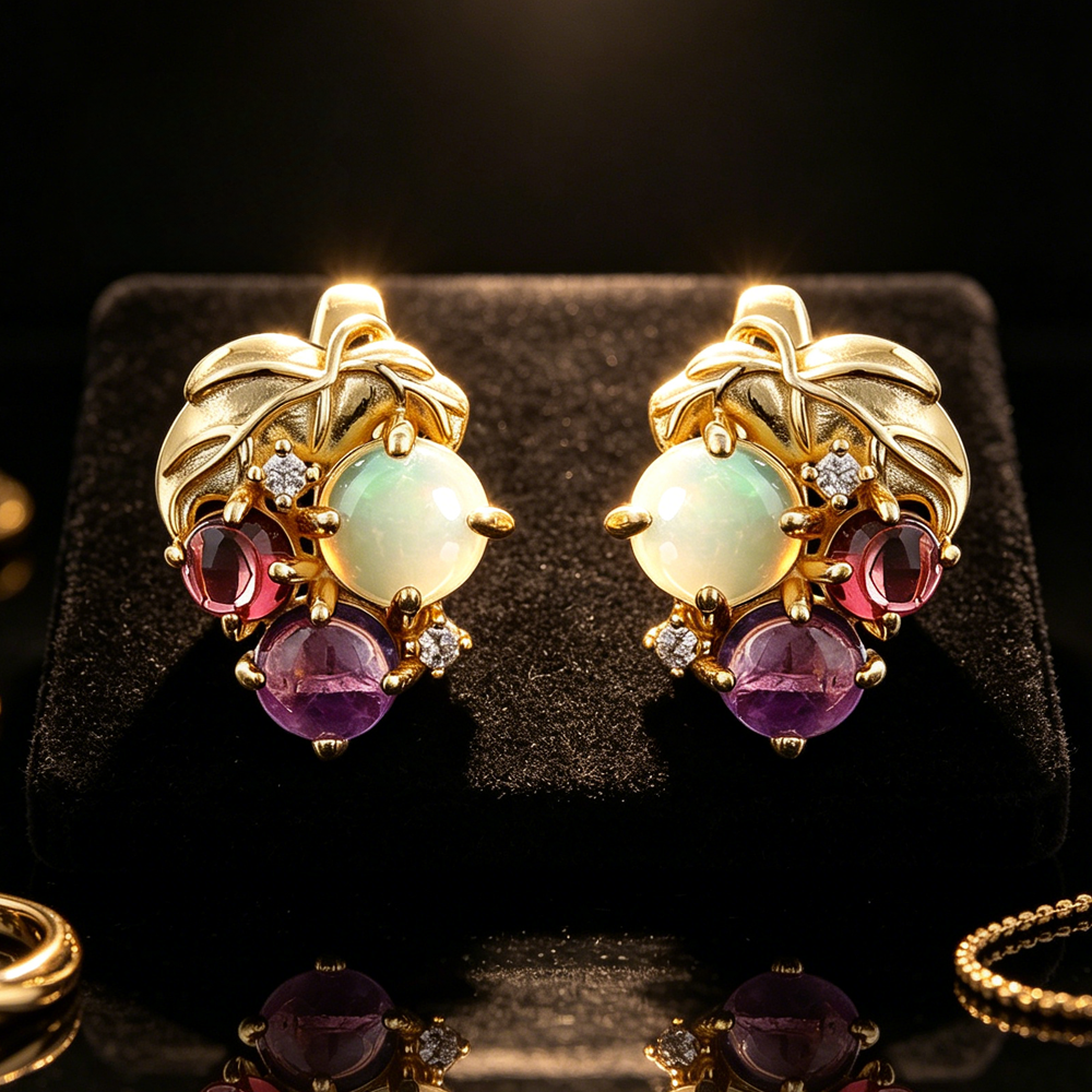 ‘Orchid’ Opal Amethyst Garnet Grape Earrings – close up