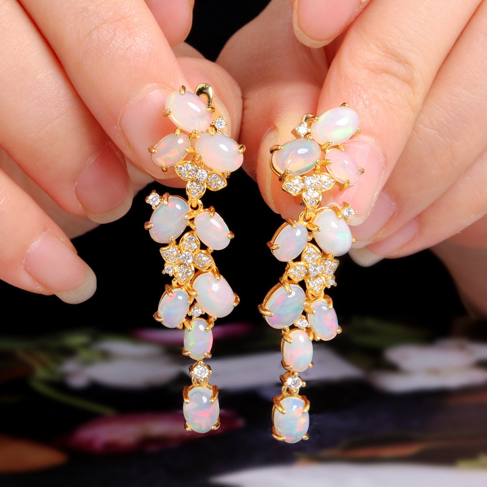 ‘Adelaide’ Opal Cluster Cascade Drop Earrings – held in fingers